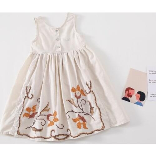 Soft breathable summer little girls dress vintage flower embroidery vest dress for girls clothes costumes children outfits