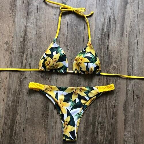 2020 New Floral Print Bikini Set Summer Beachwear Bathers Bathing Suit Push Up Swimsuit Women Bandage Halter Bikini Biquini