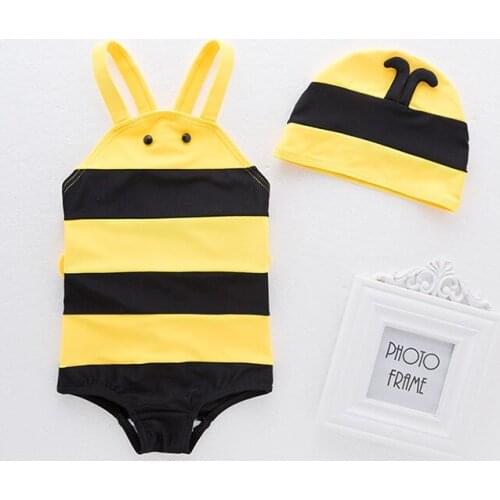 New Arrival Lovely Striped Bee Model Baby Boy Conjoined Swimwear with Swimming Cap/Children Hot Spring Swimming Suit 3191
