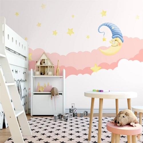Custom Mural Wallpaper Hand Painted Pink Moonlight Starry Sky Childrens Room Princess Room Bedroom Background Wall Painting