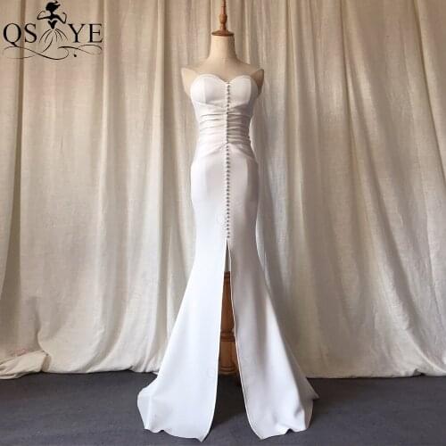 QSYYE Front Split White Long Prom Dresses 2020 Stretch Mermaid Evening Dress Buttons Ruch Formal Gown Off the Shoulder Strapless