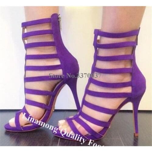 Linamong Elegant Open Toe Thin Straps Cross Stiletto Heel Gladiator Sandals Purple Yellow Suede High Heel Sandals CLub Shoes