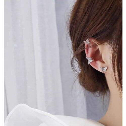 Silver Color Butterfly Earring Flowers Inlaid With Zircon Ear Clip On Earring For Girl Women Gift Korean Fashion Accessories