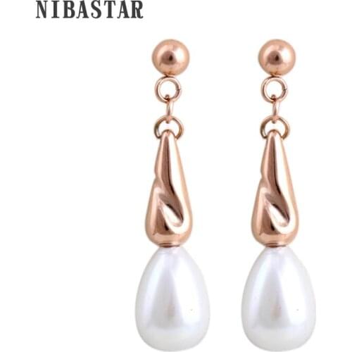 NIBASTAR Rose Gold Color Pearl Pendant Earring For Women Fashion Stainless Steel Lady Drop Earrings Wedding Jewelry Accessory