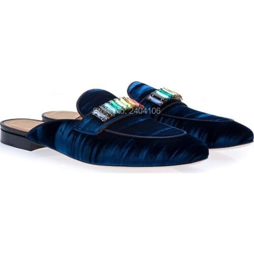 Drop Shipping Round Toe Slip On Soft Mules Mens Flat Casual Slides Shoes Crystal Diamonds Embellished Velvet Blue Slippers Man