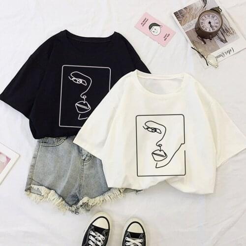 New Summer Fun face abstract simple print tops Ulzzang Harajuku Streetwear Korean Chic cute Casual Loose vintage Women t-shirt