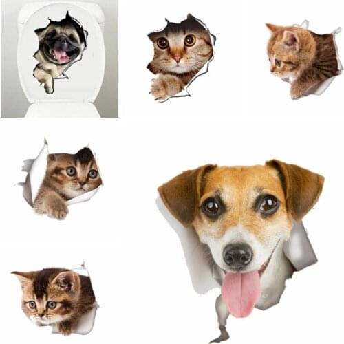 Vinyl waterproof Cat Dog 3D Wall Sticker Hole View Bathroom Toilet Living Room Home Decor Decal Poster Background Wall Stickers