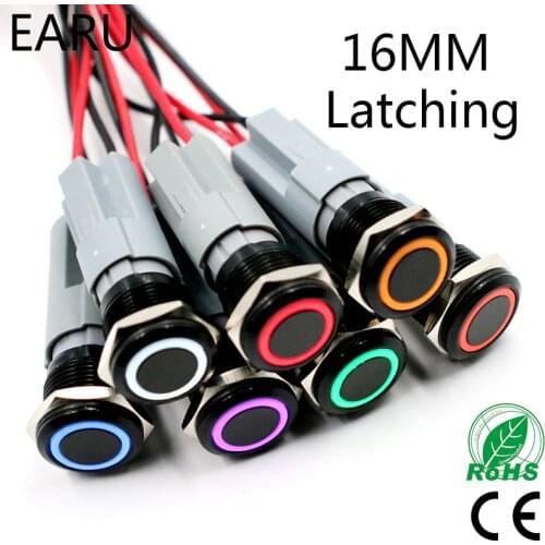 16mm Alumina Black Body Waterproof Press Power Metal Push Button Switch 3V 5V 12V 24V 220V LED Light Fixation Latching Self-lock