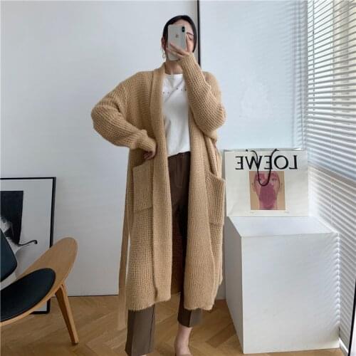 [ZAYAU]Autumn and Winter womens Long Knee Length Mink Like Knitted Cardigan Sweater Coat Japanese Waist Closing Nightgown