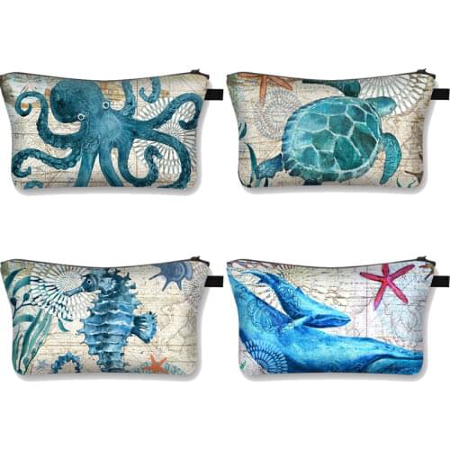 Octopus/ sea turtle/ seahorse print cosmetic bag woman Cosmetic case ladies makeup bags girls make up case travel makeup bag