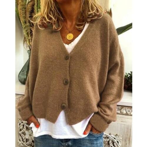 Plus Size Ladies Button Knit Cardigan Loose V Neck Long Sleeve Autumn Sweater Cardigans Coat Tops Blue Red Solid Female Outfits