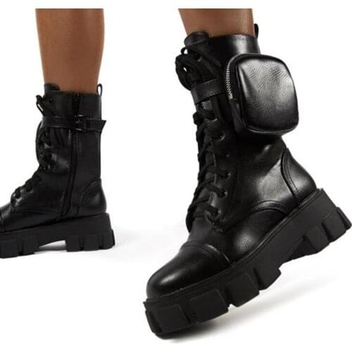 Winter Fashion Motorcycle Boots Wedges Flat Boots Woman High Heel Platform PU Leather Boots Lace Up Women Shoes Black Booties