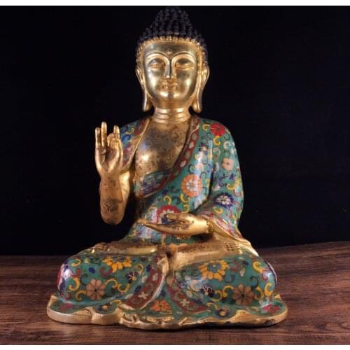 12"Chinese temple collection Old Bronze Cloisonne Enamel Sakyamuni Buddha statue Amitabha Enshrine the Buddha Ornaments