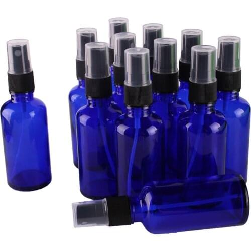 12pcs 50ml Cobalt Blue Glass Spray Bottle w/ Black Fine Mist Sprayer essential oil bottles empty cosmetic containers