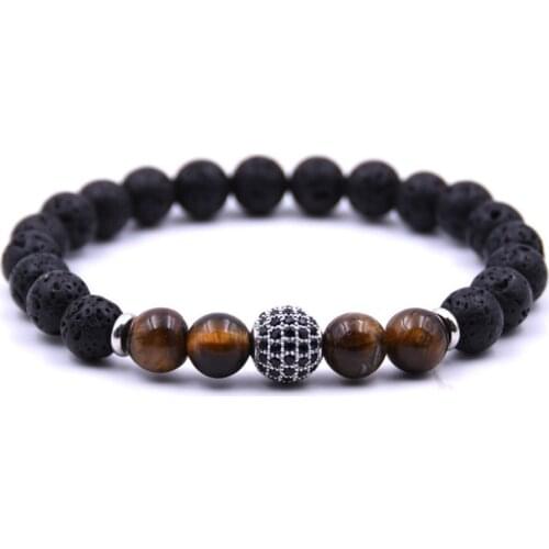 2018 Rose Gold Fashion Lava Rock Stone 8MM Charms Bracelet Yellow Tiger Eye CZ Copper Balls Sphere Bangle for women and Men