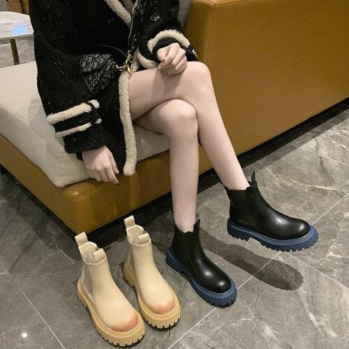 Thick Sole Boots Women 2021 Spring Autumn Chelsea Ankle Booties Female Platform Shoes Ladies Leather Round Toe Fashion Sneakers