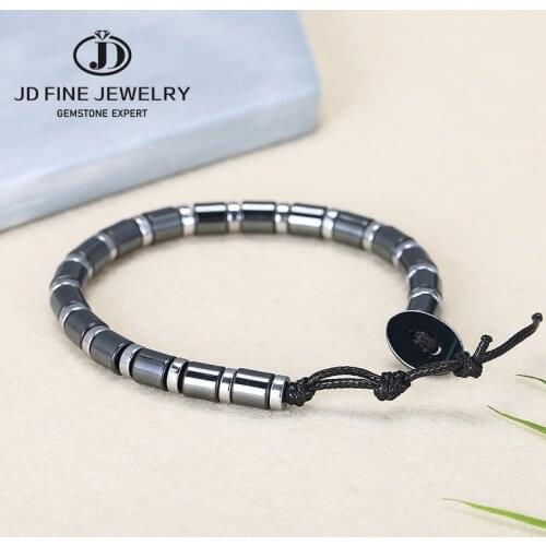 JD Geometry Cylinder Natural Black Hematite Beads Bracelets Men Women Leather Cord Braclet Hand Made Jewelry Adjustable