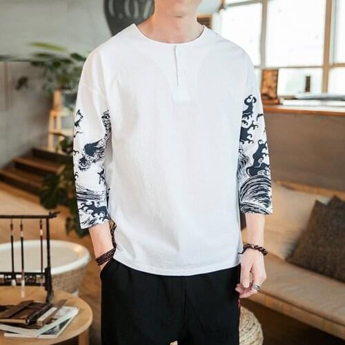 Chinese Style Linen T Shirt Men Tshirt Men T-Shirt Harajuku Funny T Shirts Men 3/4 Sleeve Clothes 2021 Summer Top 5Xl KK3416