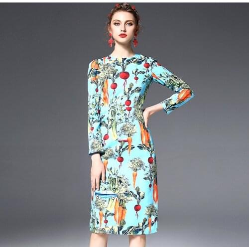 Customized 2018 New Arrival Long Sleeve Slim Dress Hu Pineapple Radish Celery Printed Imitation Linen Knee-Length Dresses