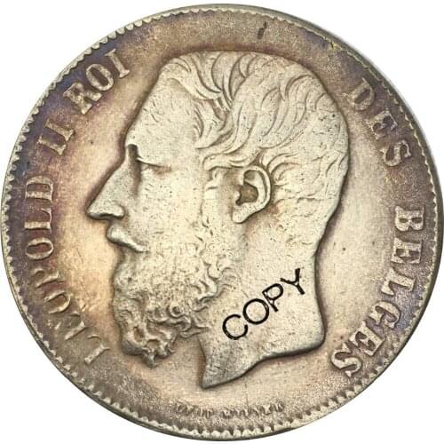 Belgium Leopold II 1866 Roi Des Belges Crowned Shield Divide Denomination 5 Francs Frank Brass Silver Plated Copy Coin