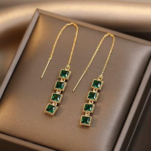 Minar Retro Green Color Crystal Earrings for Women Mujer Gold Color Long Chain Tassel Geometric Dangle Earrings Vintage Jewelry