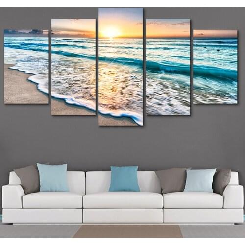 5PCS HD Modular Poster Modern Art Picture Waves on the Beach Sunset Sea View Office Living Room Bedroom Home Decor Frameless