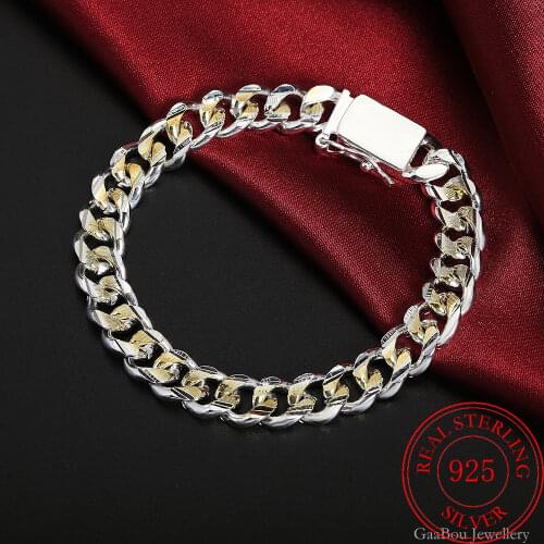 Men Jewelry 925 Sterling Silver Cuff 10mm Width 21cm Thick Fashion Lucky Bracelets Charm Women Trendy Fine Wholesale Bracelet