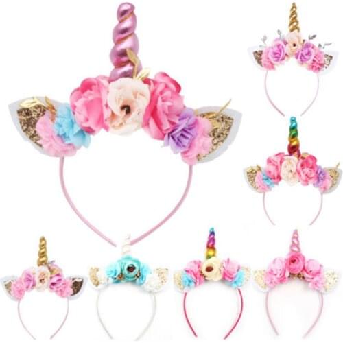 Cute Kids Women Sweet Flower Unicorn Horn Hair Band Headband Birthday Party Flower Floral Headband Baby Girl Hair Accessories