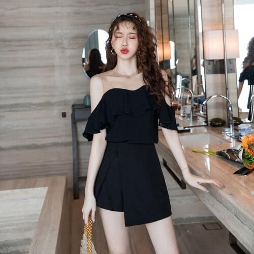 New arrival fashion women summer casual sexy perspective mesh sleeveless ruffle loose top and a-line skirt black two piece set