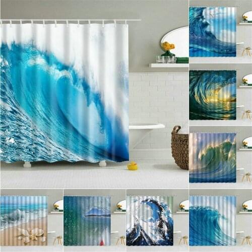 Sea Waves Landscape Shower Curtain Beach Ocean Surfing Water Sports Bathroom Decor Seaside Scenery Waterproof Fabric Curtains