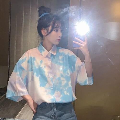 2021 Summer Street Style Tie dye Women Blouse Shirt Oversize Button Up Ladies Shirts Turn-Down Collar Plus Size Female Clothing