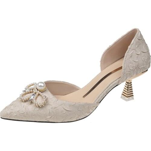 2021 Summer Women String Bead Pleated Women High Heels Pumps Two Piece Thin High Heels Wedding Pointed Toe Slip on Woman Shoes