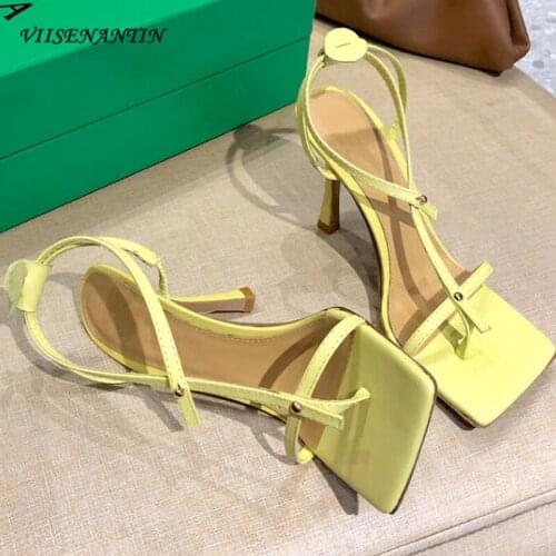 Ankle Bandage Flip Flops High Heel Sandals Woman Yellow Purple Thong Leather Shoes 2021 Hot Brand Summer Beach Shoes Women