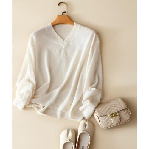 High quality 100% cashmere loose sweater for women v neck long sleeve stylish pullover ladies knitted jumper tops
