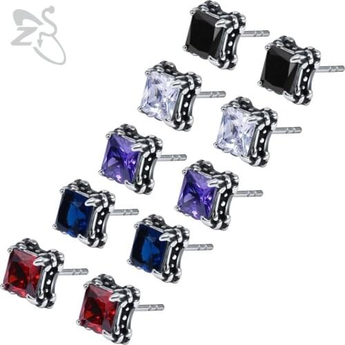 ZS 5 Color Square Cubic Zirconia Stud Earrings Hip Hop Stainless Steel Jewelry for Men Women Punk Earing Gothic Accessories 2018