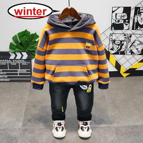 Winter Toddler Boys Clothing Set Leisure Kids Plush Stripes Hoodie + Thicken Jeans 2pcs Childrens Suit Cotton 2-6Year