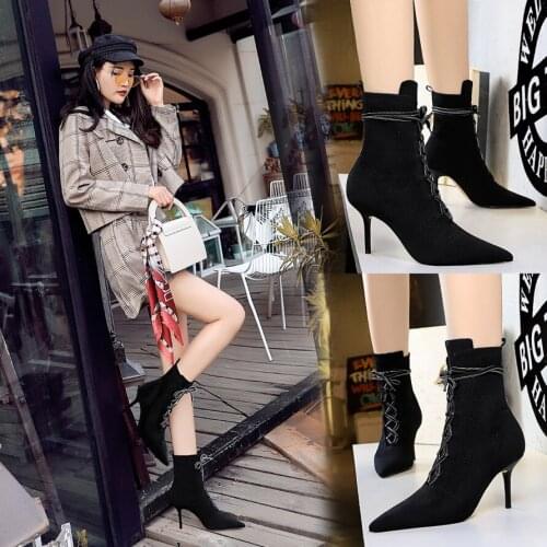 2019 New Winter Women Ankle Boots High Thin Heel Pointed Toe Cross lacing Sexy Ladies Women Shoes Black Short Martens Boots