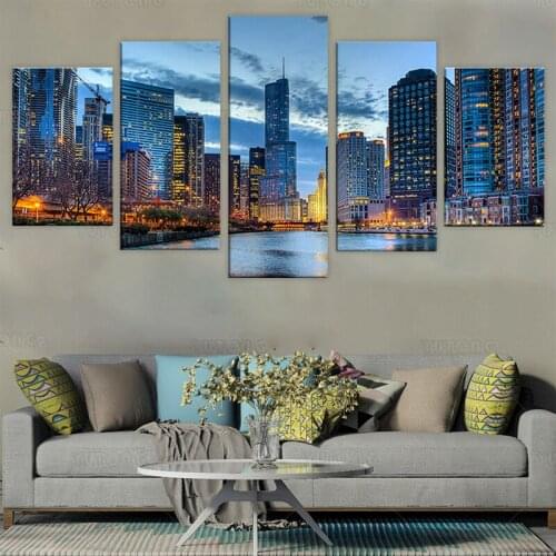 5 Pieces of High-definition Oil Painting Chicago Cityscape Wall Decoration Living Room Office Art Home Decoration Without Frame