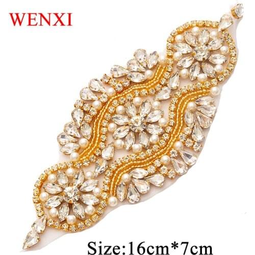 WENXI 10PC Handmade Rhinestones Appliques With Beads Patch Iron On Wedding Dresses Belt DIY Bride Gown Belt Accessory WX851