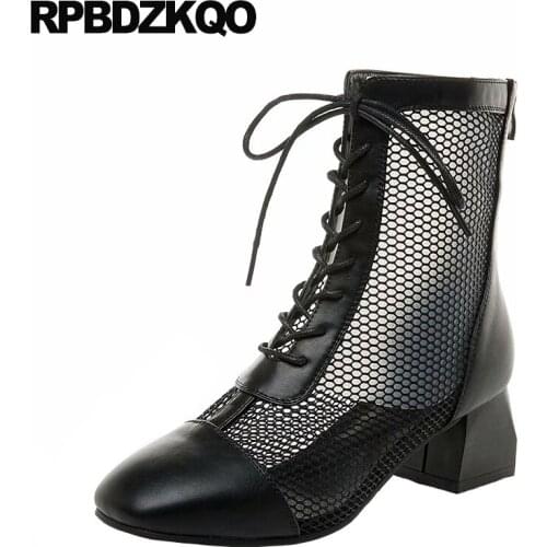 Chinese british women fall summer black chunky short sexy shoes sandals front lace up casual ankle boots autumn mesh cut out