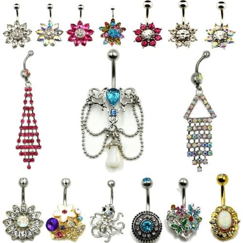 1pc Different Steel& CZ gem Flower Dangle Navel Belly Button Ring belly Chain for Promotion Body Piercing Jewelry