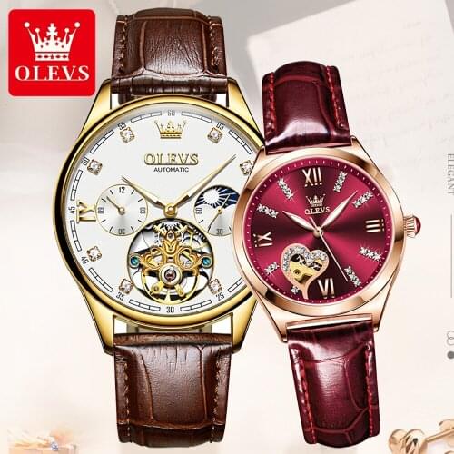 OLEVS Couple Watch Mechanical Watch Fashion Business Mens Watch Ladies Watch Leather Strap Brown Couple Watch Assistir casal