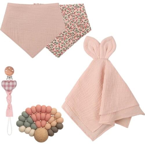 Baby Birthday Gift Set Double Sided Cotton Bib Silicone Beads Teether Toys Pacifier Chain Clips Baby Products with Packing Box