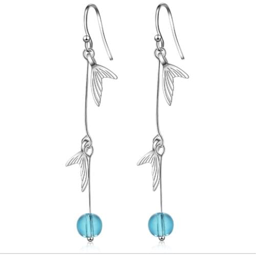 Mermaid Korean style temperament trend blue artificial crystal design sense long silver plated earrings IR013