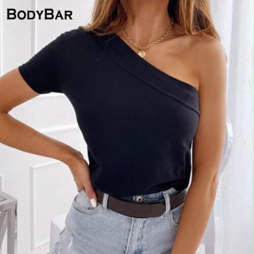Round Neck T Shirt Solid Color Summer Sexy Top One Shoulder Black T-shirts Plus Size Harajuku Short Sleeve Tee mujer Femme Tees