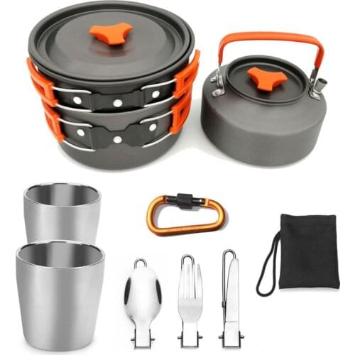 Camping Pot and Teapot Combination Double-Layer Water Cup Foldable Knife Fork Spoon Carabiner Camping Pot Set with Bag