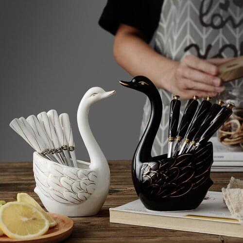 Ceramic Swan Fork Spoon Stand Holder Fruit Forks kitchen Set Cutlery Cake Dessert Fork Snack Fork Tableware Set