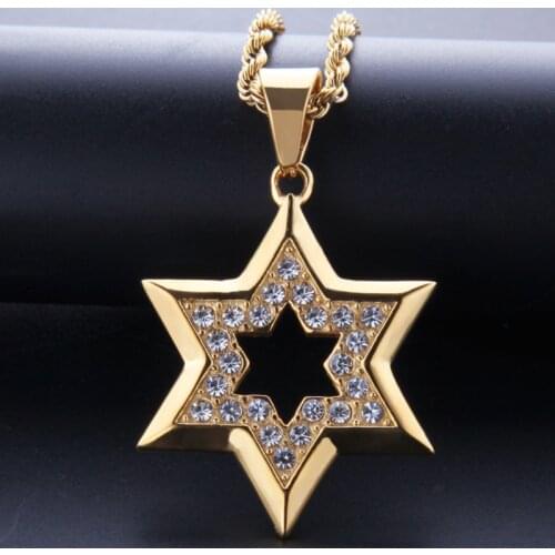 Classic Mysterious Shiny Zircon Inlaid High Quality Metal Star of David Pendant Necklace Mens Religious Style Amulet Jewelry