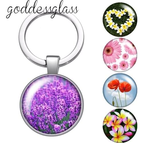 Beauty Flowers lavender Daisy poppy Rose Lotus glass cabochon keychain Bag Car key chain Ring Holder Charms keychains for Gifts