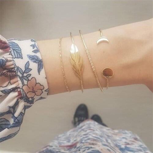 Statement Cuff Bangles Bracelets Set Vintage Gold Big Leaf Moon Charm Bohemian Bracelet for Women Jewelry Punk Brazalete Mujer